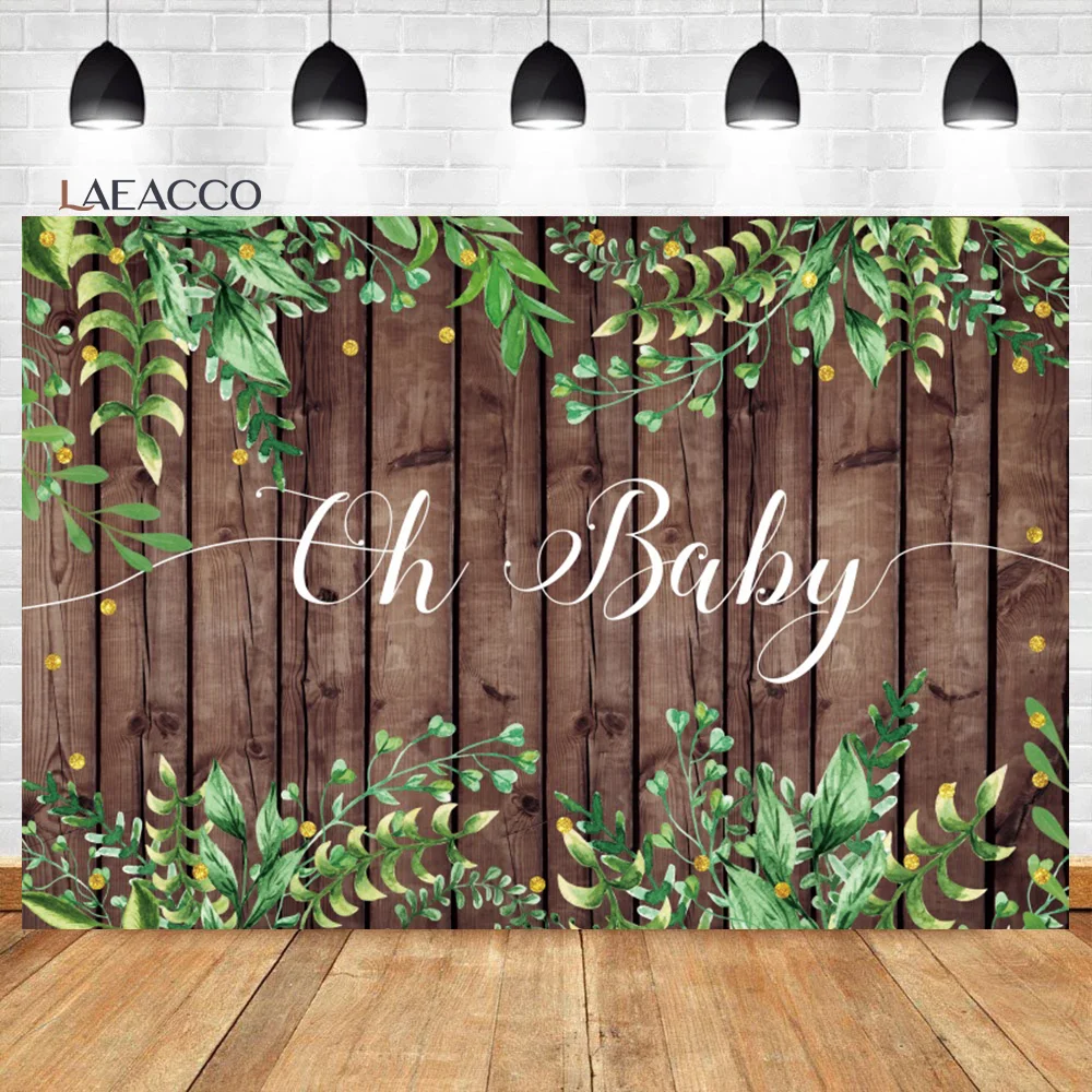 

Фон для фотосъемки детей в деревенском стиле с изображением коричневых деревянных досок и зеленых листьев