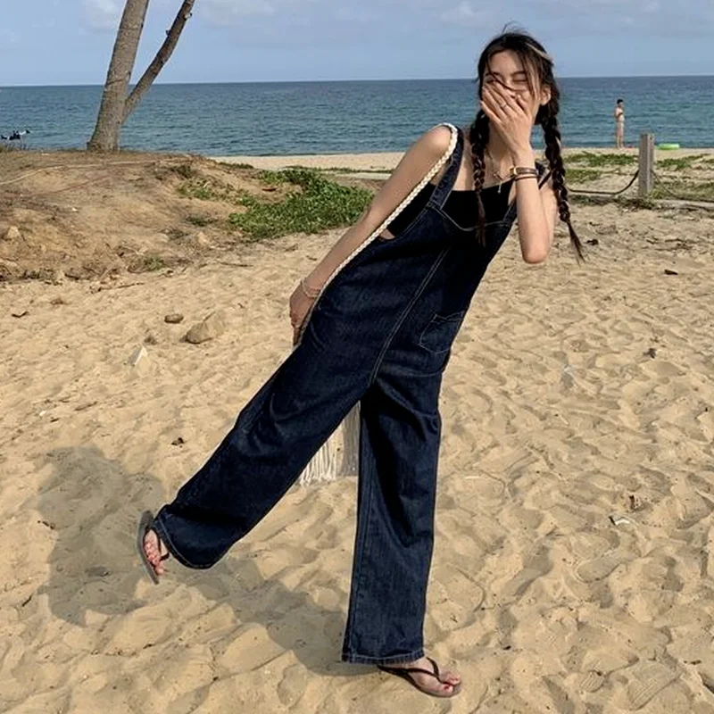 Комбинезон женский джинсовый с карманами свободный элегантный винтажный