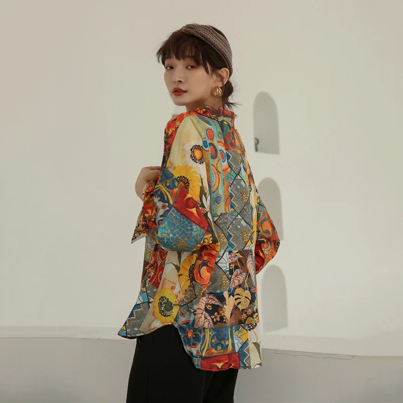 LANMREM разноцветная женская рубашка с отворотом и длинным рукавом принтом масляной