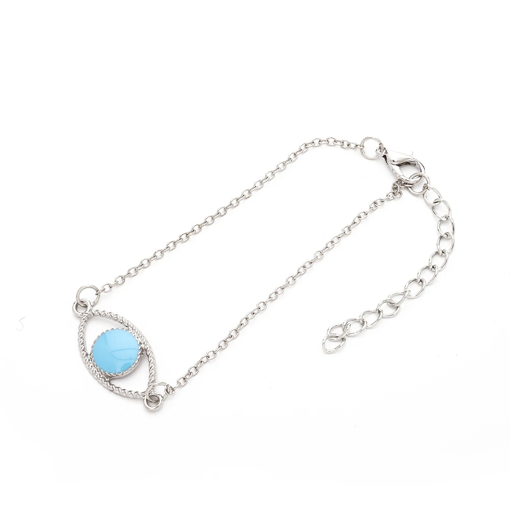 Popular Bohemian Blue Enameled Flower Eye Shaped Silver Chain Bangle Bracelets Ladies Evil Charm Boho Jewelry |