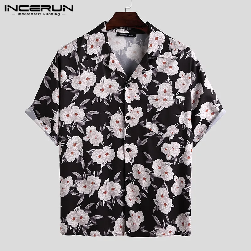 

INCERUN 2021 Men Flower Printed Shirt Short Sleeve Streetwear Vacation Camisas Casual Lapel Loose Summer Hawaiian Shirts Men