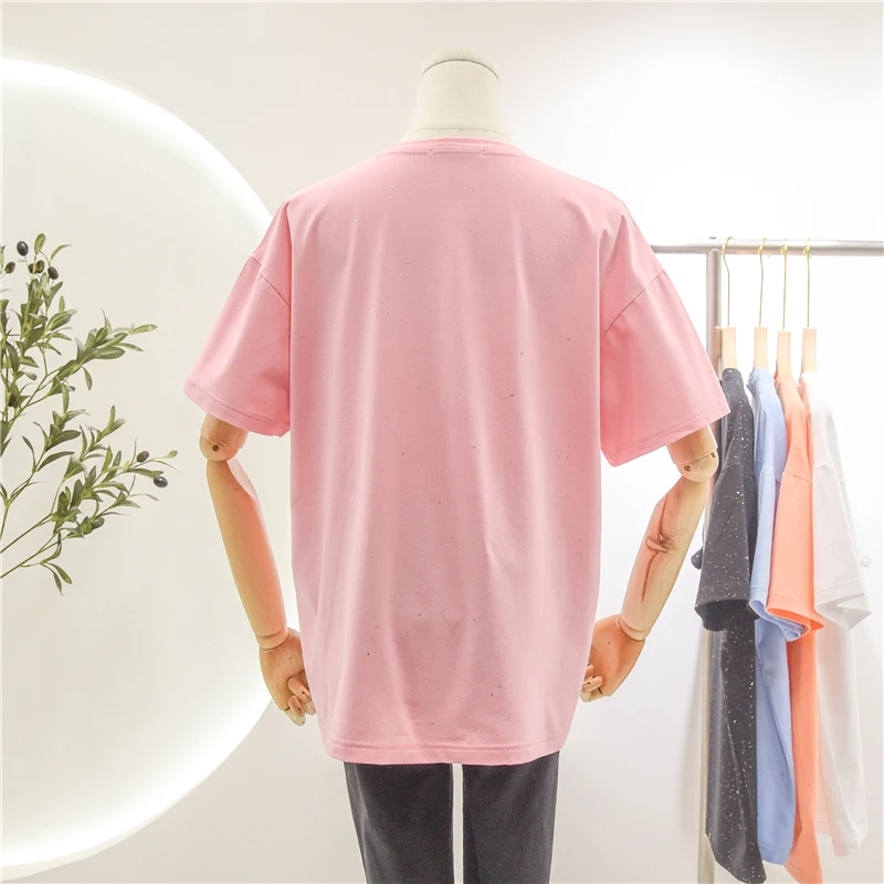 

2021 Spring Summer Korean Rhinestone Cartoon Female Top Loose Plus Size Slim Short Sleeve Bottoming Shirt Fashion Simple T-shirt