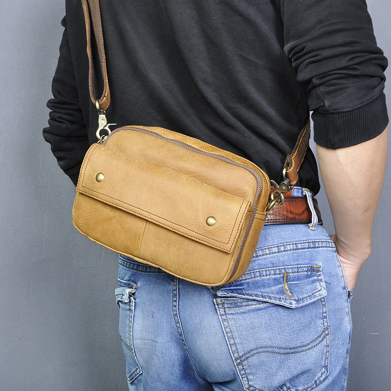 

Fashion Quality Real Leather Male Casual Multi-function messenger Satchel 8" Tablet Shoulder bag Fanny Waist Belt Pack Men 2050