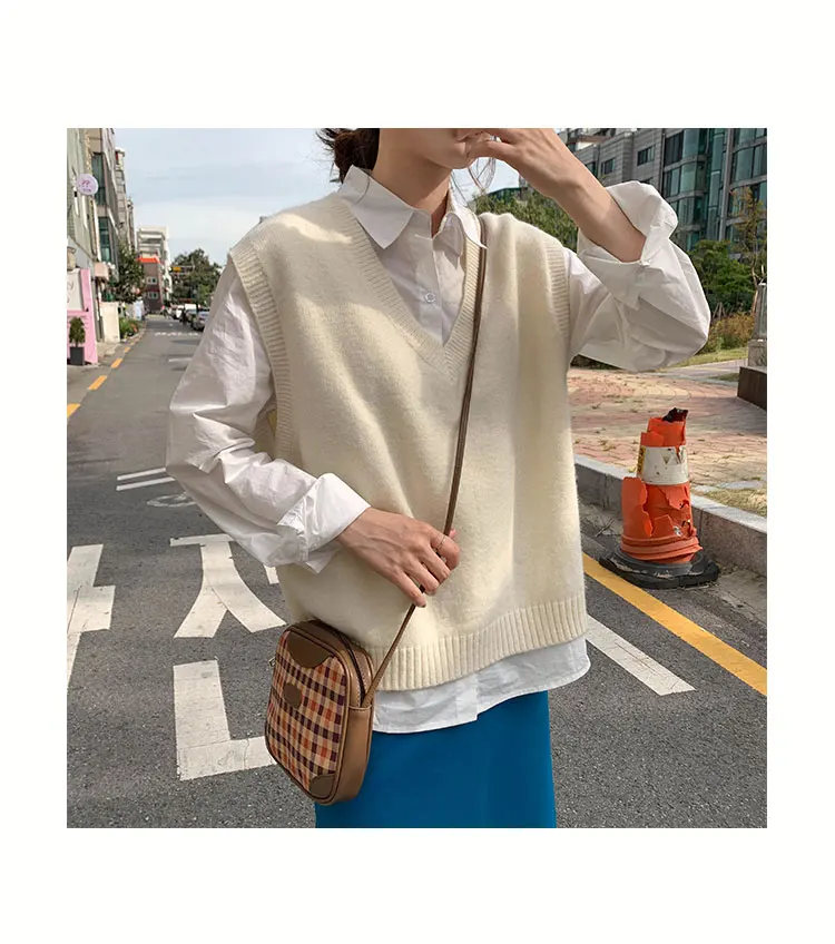 

4colors 2021 Autumn and Winter Korean Style V Neck Knitted Solid Color Sleeveless Vest Sweaters Womens Pullovers Womens