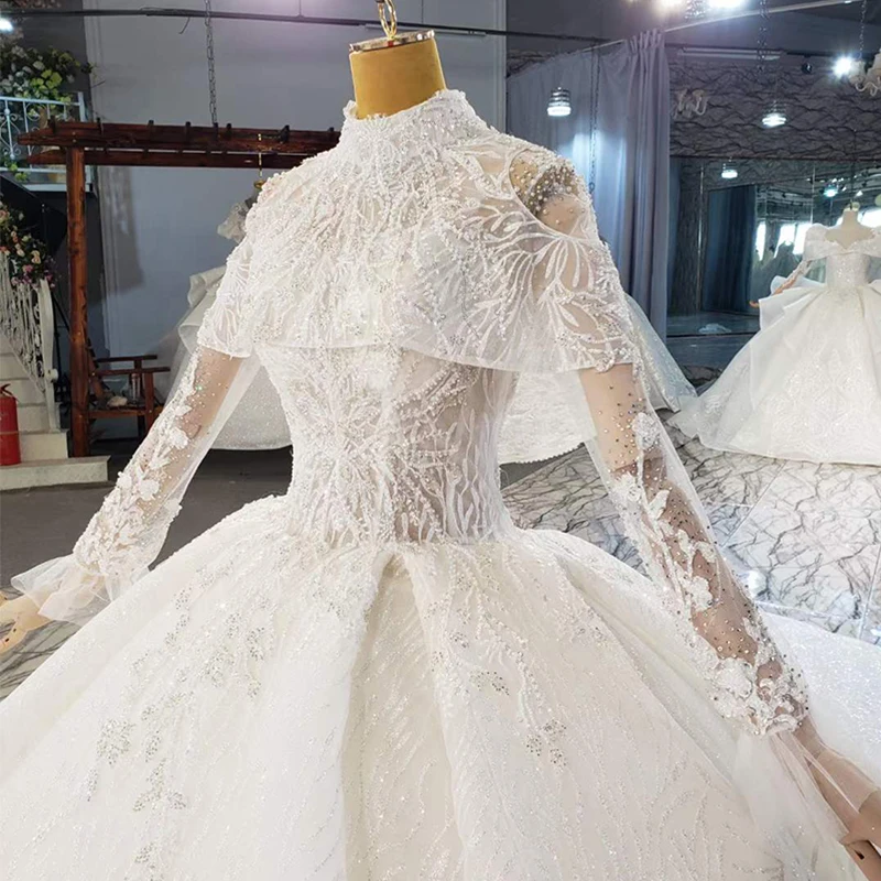 HTL2050 Detachable Shawl Luxurious High Neck Crystal Beading Sequined Wedding Dress 2021 For Woman Ball Gowns