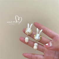 korean brand design sweet cute white pearl rabbit baroque pearl ear stud earring for women gold color alloy jewelry