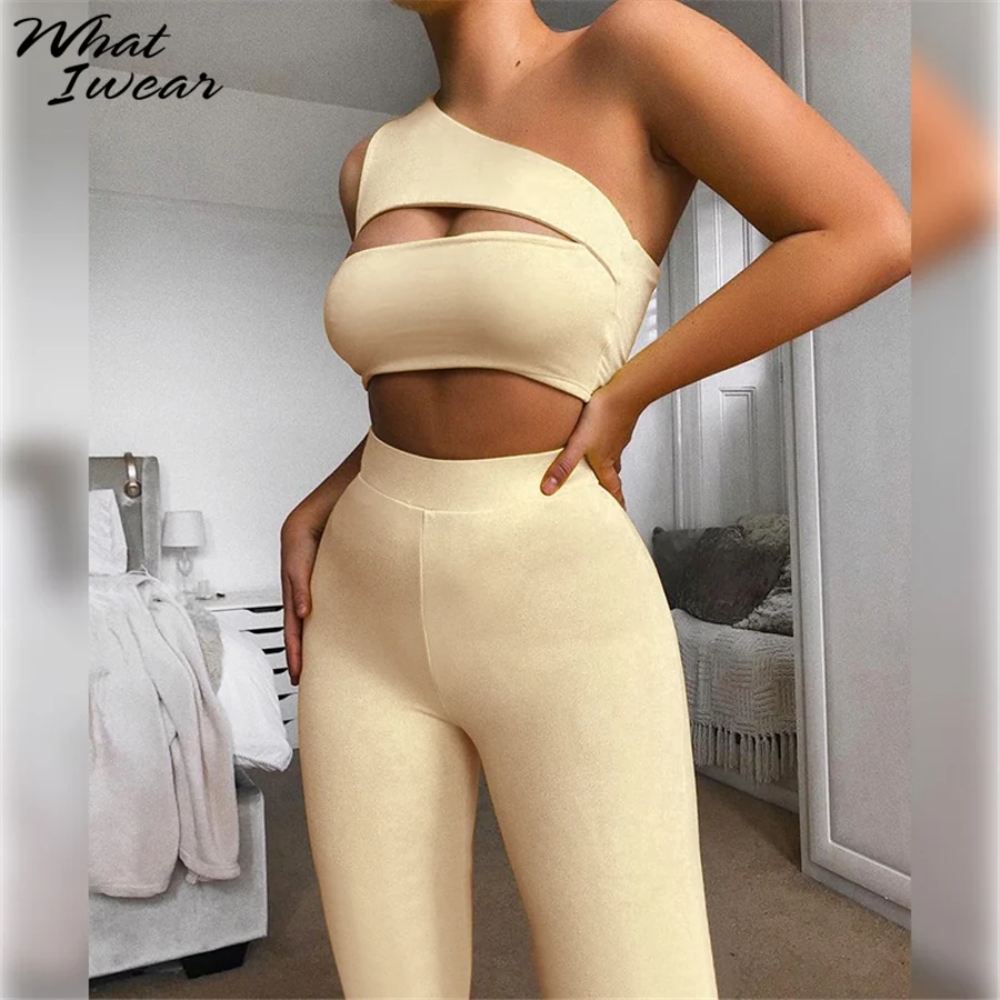 

Whatiwear Casual Solid 2 Piece Set Slim Stretch Skinny One Shoulder Tank Tops +Leggings Sporty Skinny Active Wear Female Outfit