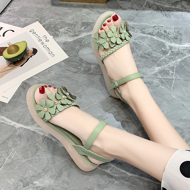 

2021 Sandals Female Shoe Clogs Wedge Med Clear Heels New Girls Comfort Platform Summer Medium Fashion Beige Flat Buckle Strap Ca