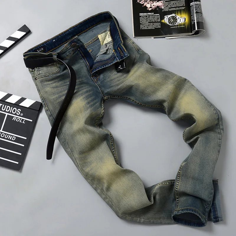 

Men's Jeans Four Seasons Vintage Distressed Denim Pants Men Casual Slim Stretch Straight Jeans Full Length Trousers
