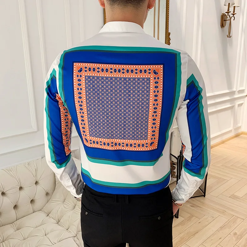 

Men Shirt 2019 Long Sleeve Print Casual Slim Fit Dress Shirts Sexy Party Club Night Bar Clothes streetwear camisa masculina