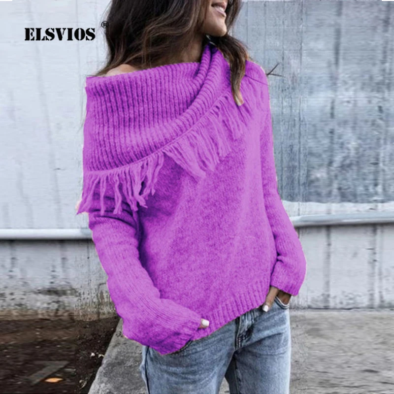 

3XL Winter Sexy Oblique Shoulder Scarf Collar knitting Sweater Casual Solid Color Tassel Sweaters Women New Long Sleeve Sweaters