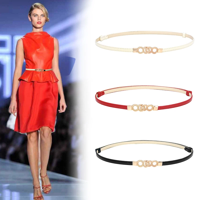 Золотая Пряжка PU кожаный ремень для платья Регулируемый тонкий женский пояс