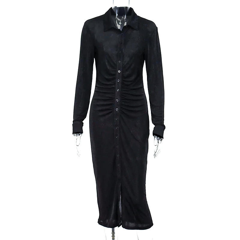 

Sexy Dresse Autumn and Winter Women's Clothes Sexy Fashion Pleated Cardigan Long Sleeve Skirt Long Dress Vestido De Mujer