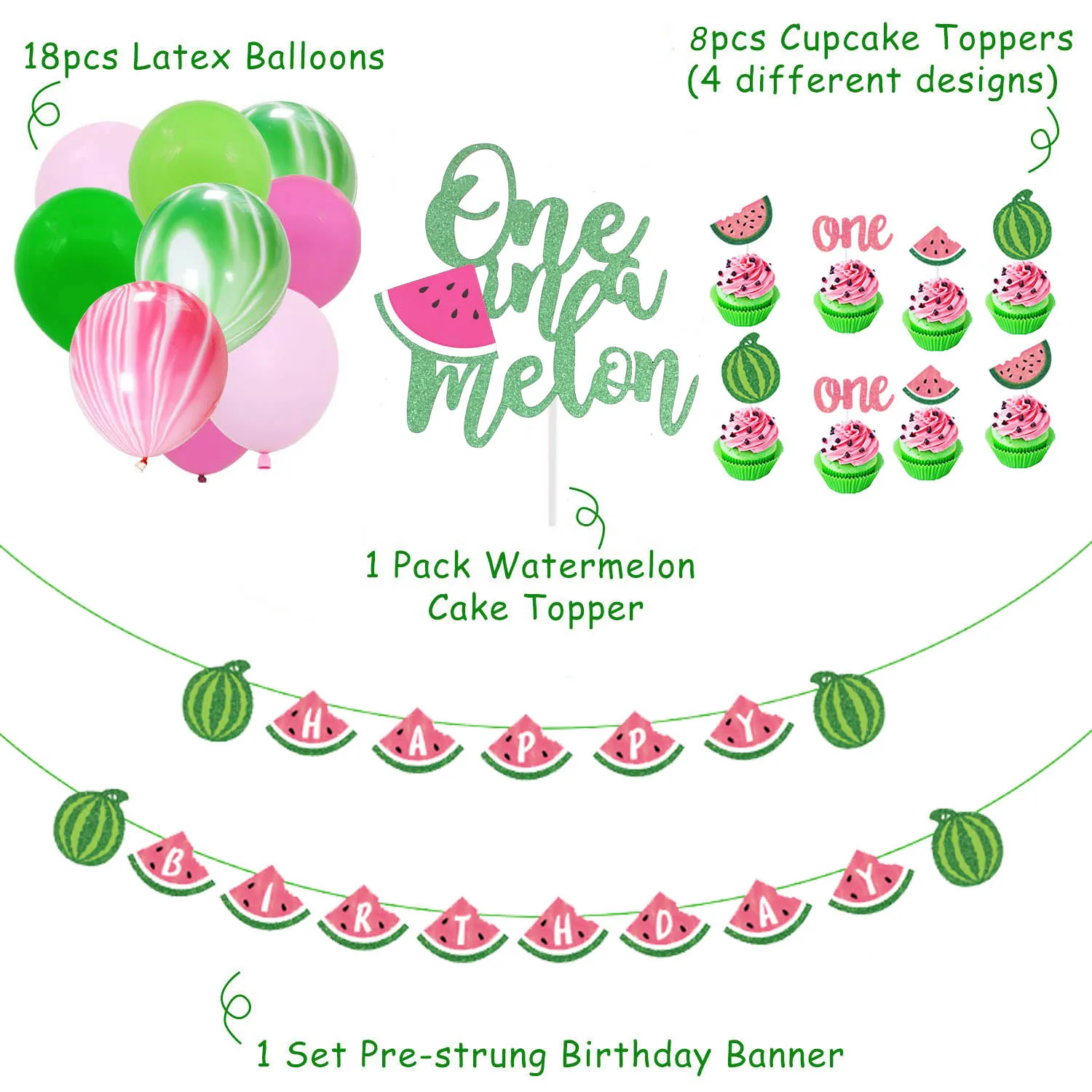 

Summer Theme Party Decoration Happy Birthday Letter Flag Pulling Watermelon Cake Flag Inserting Latex Balloon Set Party Supplies