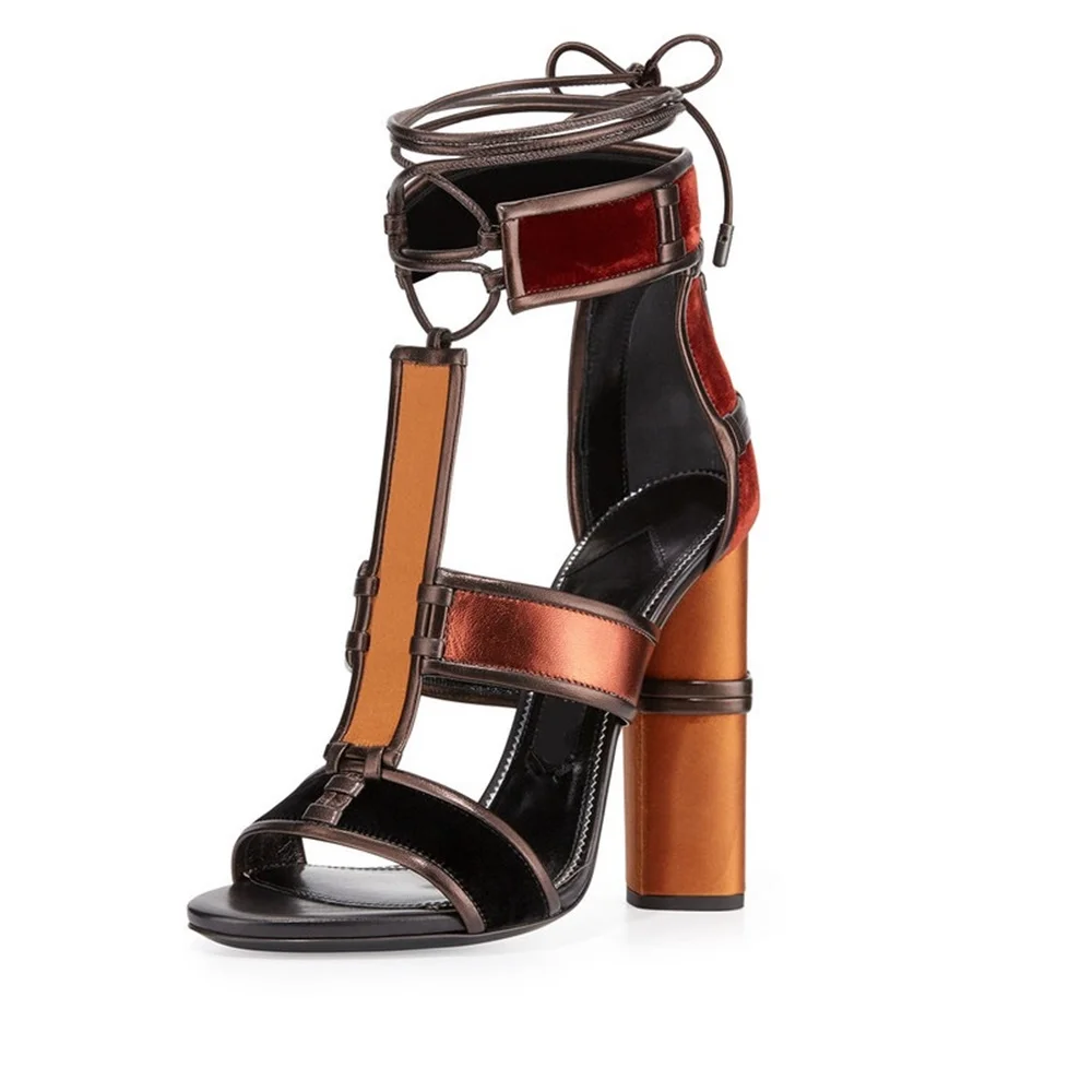 

Newest designed patchwork open toe high heel sandals lace up shoes woman summer ankle strap chunky heel sandals