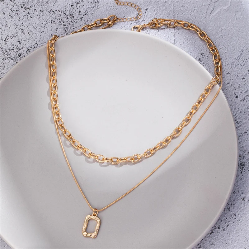 

Trendy Fashion Creative Geometric Design Square Brand Shape Double Layered Necklace Hip Hop Punk Couple Party Accessories Gift