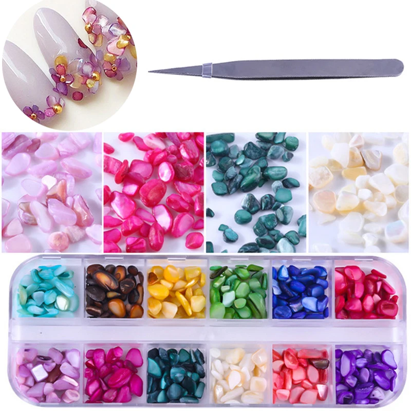 12 Grid Colorful Shell Stones With Tweezers Candy Color Nail Art Decoration Irregular Stone For Gel Polish Accessory | Красота и