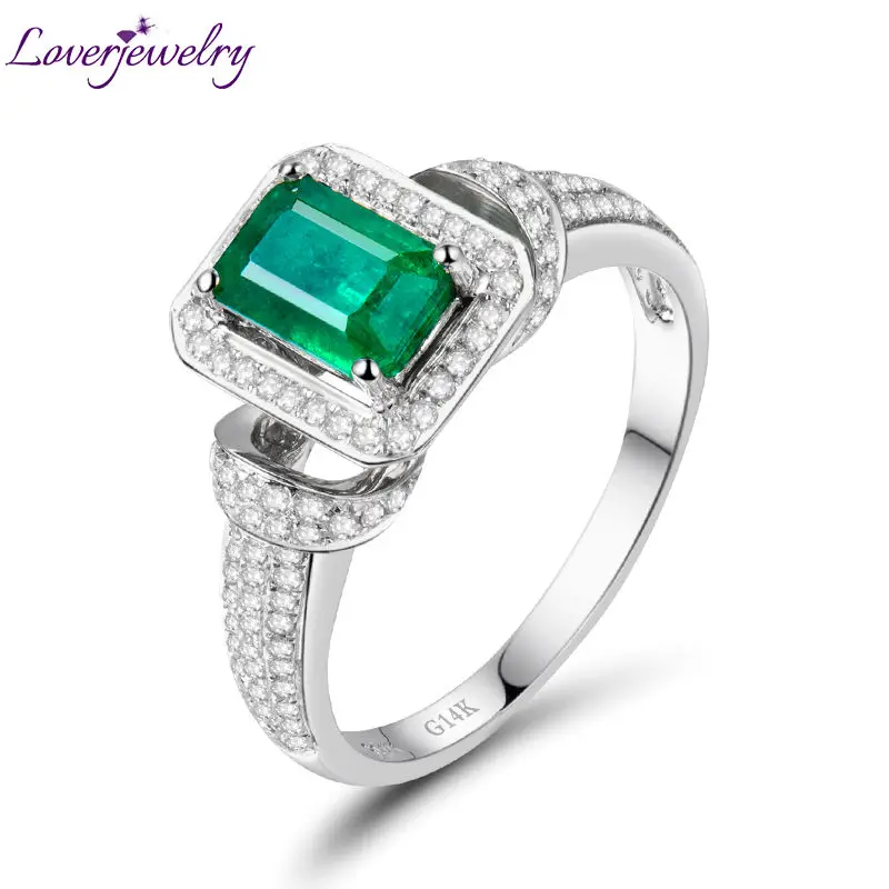 

LOVERJEWELRY Rings For Lady Solid 14Kt White Gold Diamond Rectangle Emerald Gemstone Women Wedding Anniversary Ring Jewelry