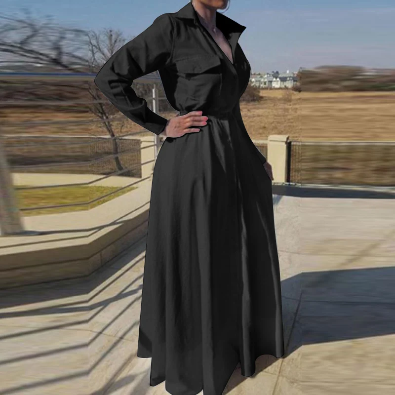 

Women Bohemian Long Maxi Dress 2021 VONDA Casual Turn Down Collar Party Shirt Dress Holiday Beach Sundress Vestidos Plus Size