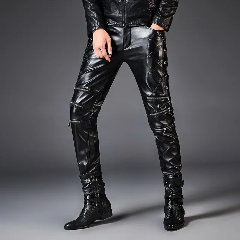 PU Faux Leather Pants For Men Brand Black Fashion Motorcycle Streetwear Punk Hip HOP Bike Trouesr | Мужская одежда