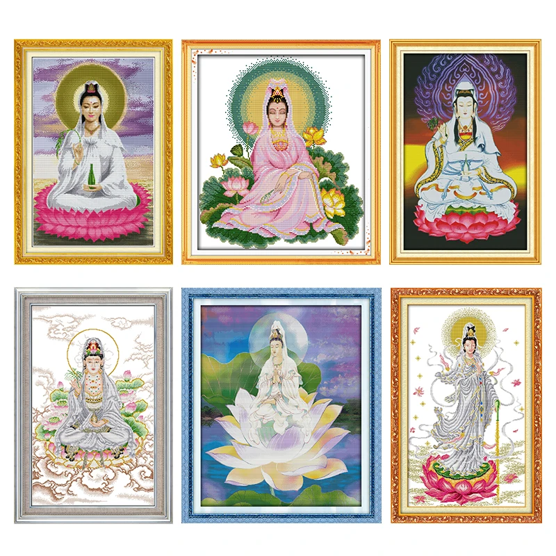 

Embroidery Needlework Kit Cross Stitch Guanyin Sitting on A Lotus Counted Thread Patterns Crafts Decor Stamped 11CT 14CT Printed