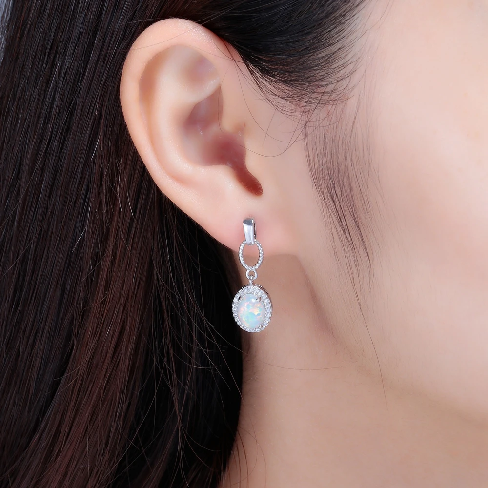 Длинные серьги CiNily с белым огненным опалом посеребренные заполненные гвоздики