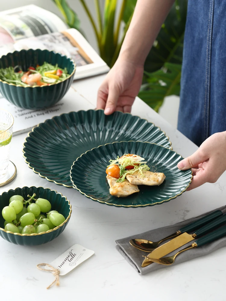 Изумрудно-зеленая керамическая Золотая оправа Западная еда стейк паста