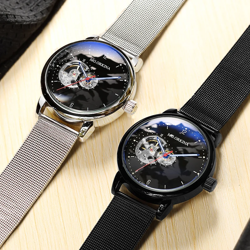 Reloj Hombre автоматические часы мужские s модные спортивные из нержавеющей стали сетки Группа скелет механические наручные часы для мужчин