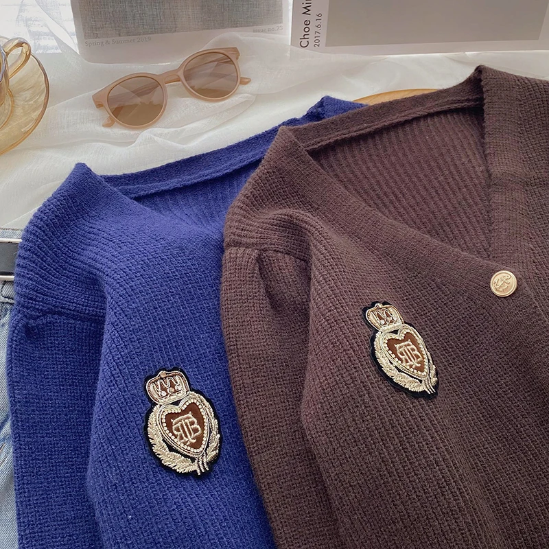 Harajpoo Cardigan Woman Japanese Preppy Style Fall Winter 2021 New Badge Embroidery V Neck Long Sleeve Knit Blue Vintage Sweater |