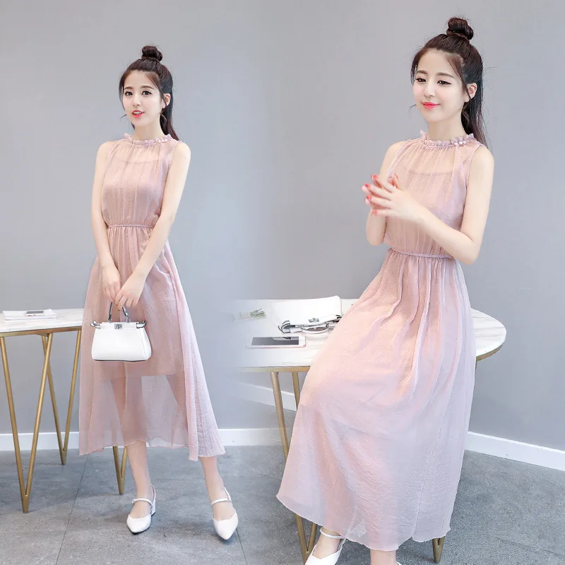 

Trend New Pink Sleeveless Chiffon Dress Mid-long Summer New Women's Korean Fashion Slim Long