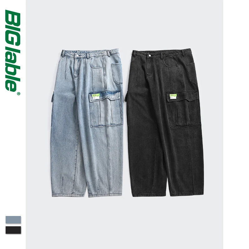 

INFLATION Mens Blue Stretch Jeans 2021 New Loose Fit Multi Pockets Straight Cargo Denim Pants Male Baggy Pants 3579S21