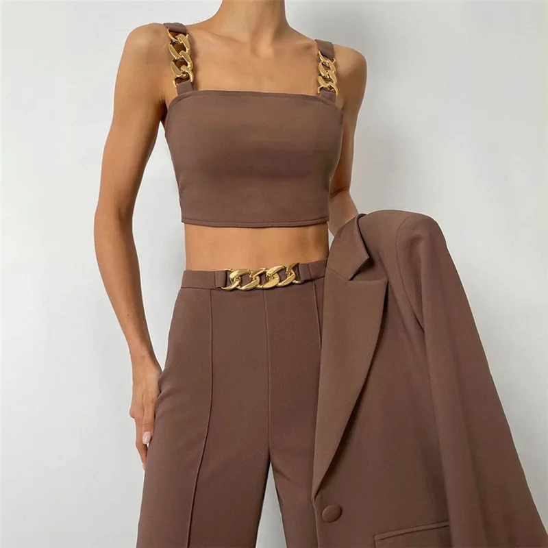 

2022 MOFANCY Autumn And Winter Solid Two Piece New Women's Sling Slim-fit Vest High Waist Bag Hip Long Pants Casual Suit Women