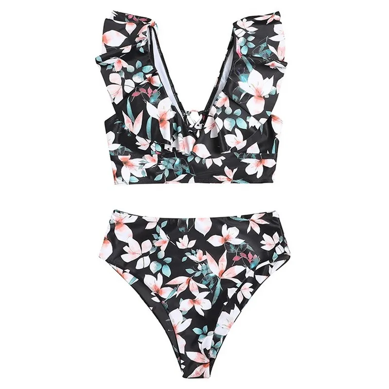 

The new sexy swimsuit v-neck falbala fission bikini bikini swimsuit woman printing