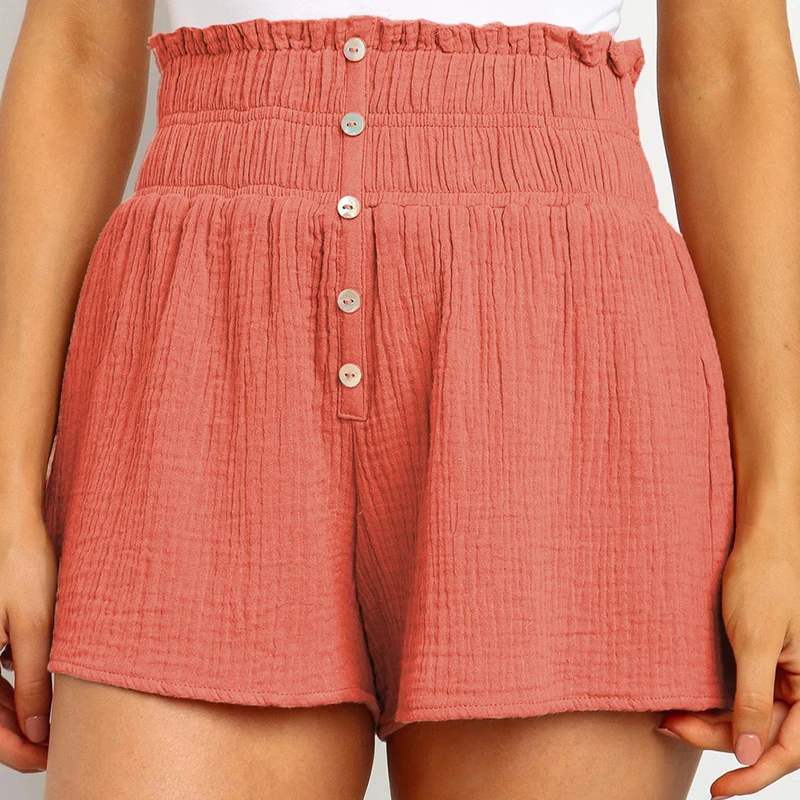 

Женские шорты со складками, однотонные, с эластичной резинкой на талии, повседневные, свободные, уличная одежда, с высокой талией, на пуговиц...