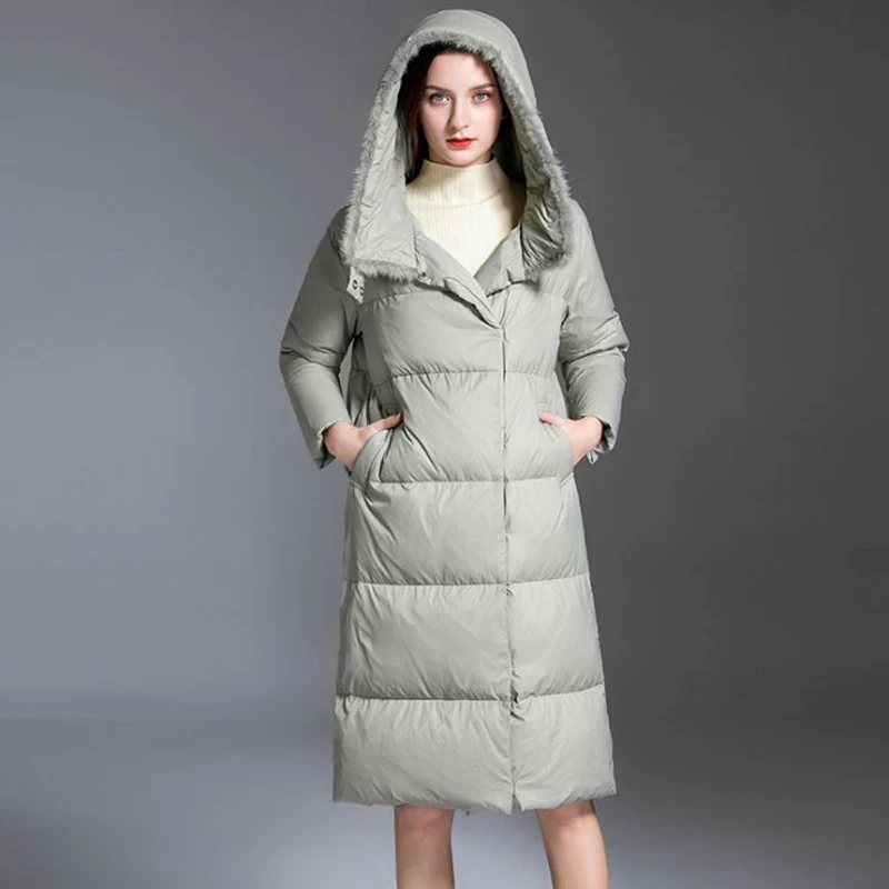 New style long down jacket Women wool collar thick Parcel type coats with a hood female duck clothes medium black overcoat | Женская
