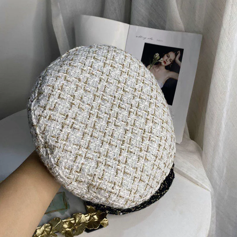 202008-chui  gold line plaid M letter pearl  lady  beret   hat women Leisure painter  hat