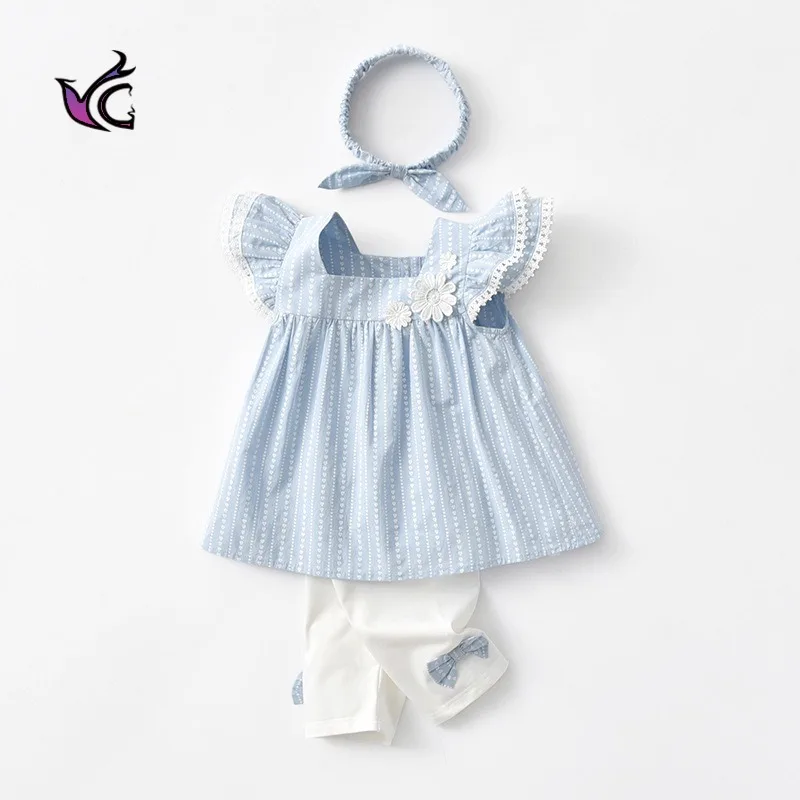 

Yg бренд 2021 новые летние и рукавами-крылышками для девочек, юбка принцессы + штаны с принтом в виде бантиков + Милая повязка на голову, 3 предме...