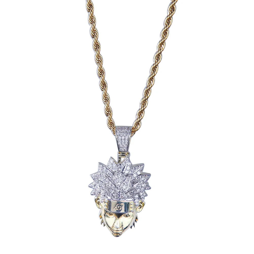 Хип хоп Полный AAA CZ Циркон Bling Iced Out мультфильм Наруто Uzumaki Подвески ожерелье для мужчин Rapper ювелирные изделия золото серебро подарок