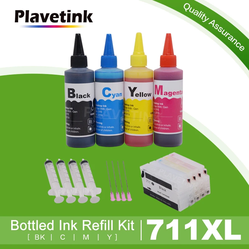 Набор для заправки чернил Plavetink 100 мл + перезаправляемый картридж принтера HP 711 XL