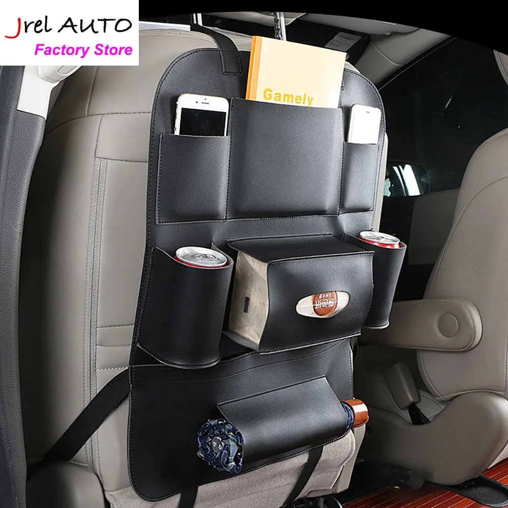 

JREL PU Leather Car Seat Back Organizer Tray Travel Storage Box Multi-pocket Backseat Hanger Auto Accessories Interior Stowing