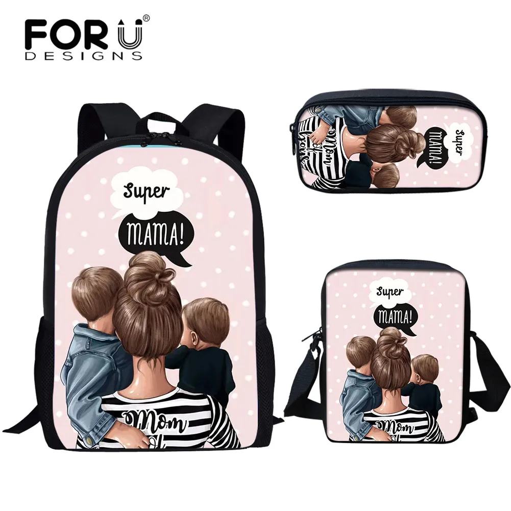 

FORUDESIGNS Cartoon Super Mom Pattern Printed School Bag Set Fashion School Book Bags for Teenager Girls Casual Campus Bag