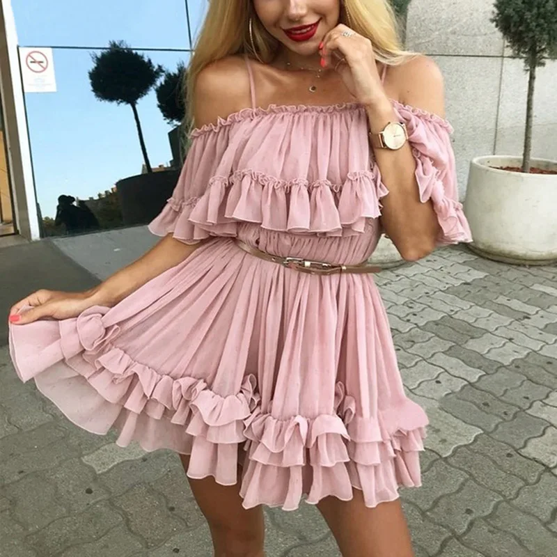 

Women Off Shoulder Strap Chiffon Summer Dresses Pink Elegant Holiday Loose Beach Mini Dress Ruffle Pleated Short Dress