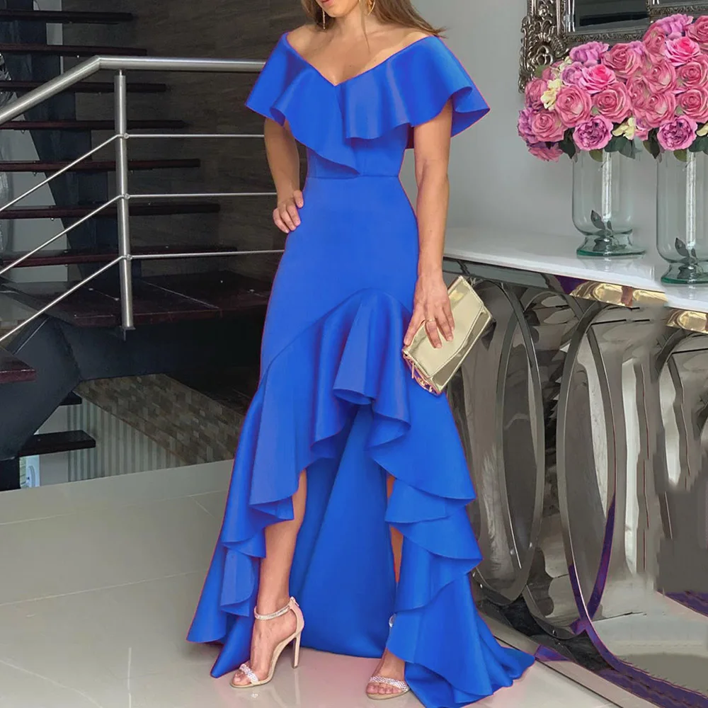 Синие вечерние платья с рюшами женские сексуальные открытыми плечами