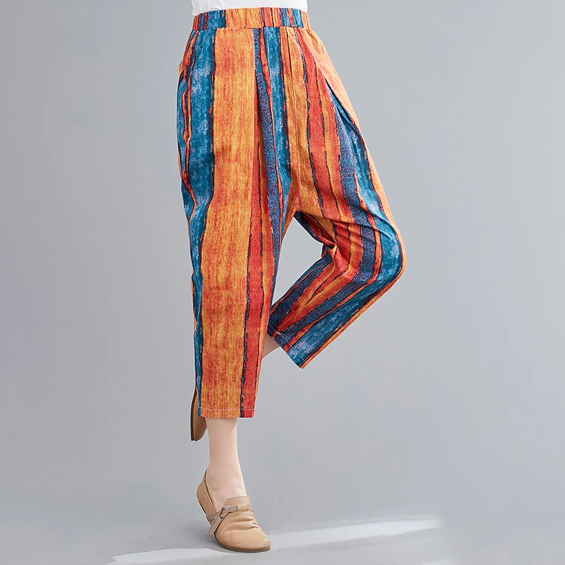 

2021 New Arrival Summer Arts Style Women Loose Casual Elastic Waist Harem Pants Cotton Linen Striped Ankle-length Pants A975