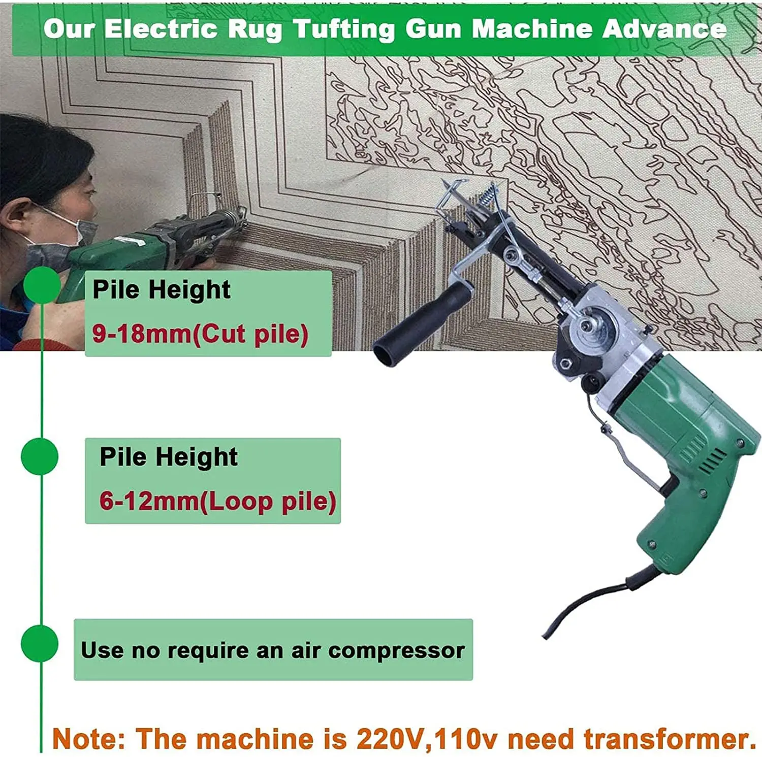 Pile de corte y bucle 2 en 1, 220V, 50 ~ 60Hz, 240W, pistola el&eacute;ctrica de mano, 2400RPM, port&aacute;til, para pared, tapices, alfombras, m&aacute;quina para tejer alfombras-3