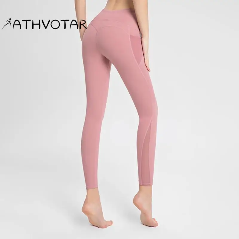 

ATHVOTAR Fitness Women Pants High Waist Hip Lift Mesh Side Pockets Yoga Clothing Sexy Peach Hip Running Nudity Tights Leggings
