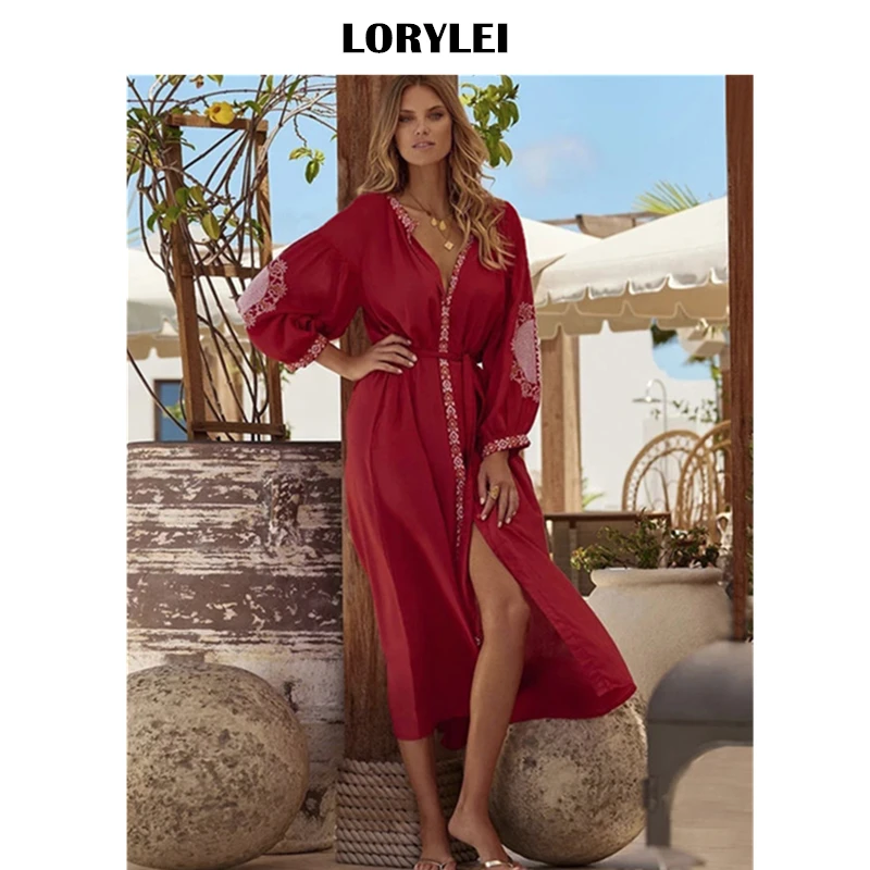 2021 красный в богемном стиле вышитые миди платье размера плюс хлопок туника