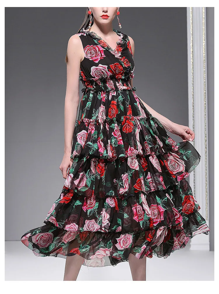 

2020 New Arrival Summer High Quality Runway Dress Female Chiffon Floral Printed Women Vintage Sleeveless V Neck European Design