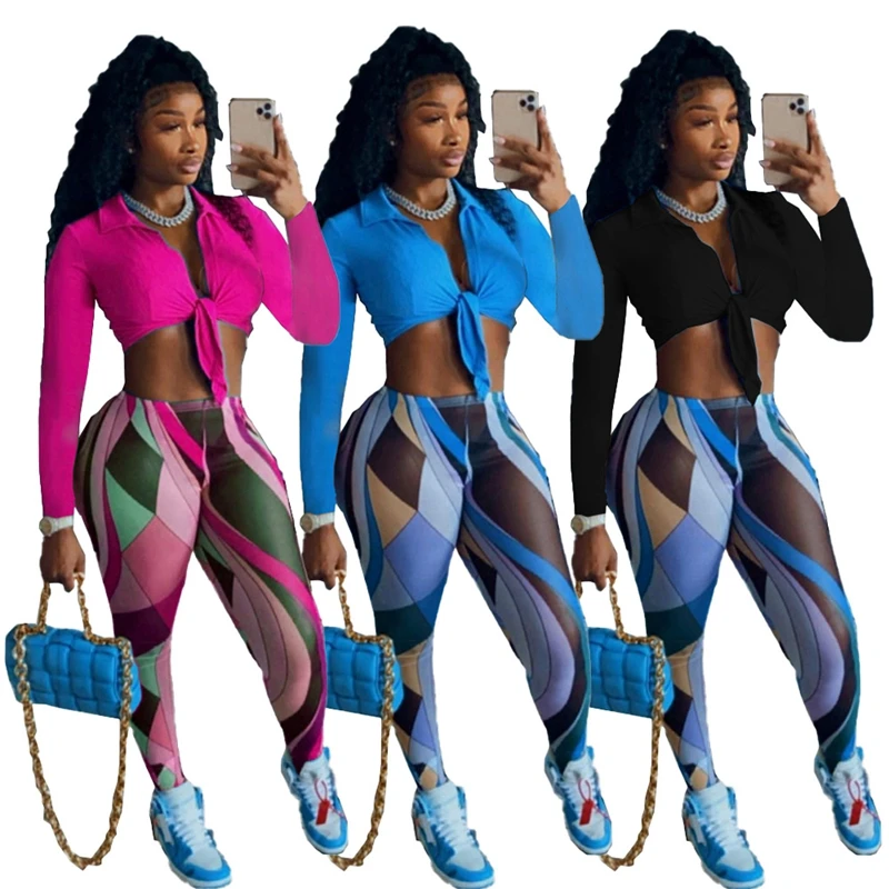 

Sexy Two Piece Set Women Fall Clothes Bandage Shirt Crop Top+Print Pants Sets Casual Club Outfits Streetwear Wholesale Items