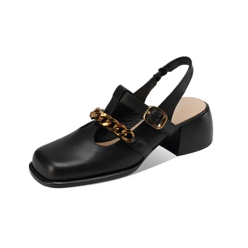 

Genuine Leather Women's Shoes Fashion Sandals Metal Chain Mary Jane Shoes High Heel Solid Color Casual Shoes 35-44 Size